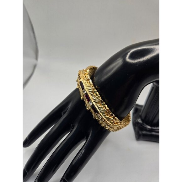 VTG GOLD Plated Cuff Bangle Bracelet Garnet and Rhinestone .75" thick scale - Picture 6 of 8